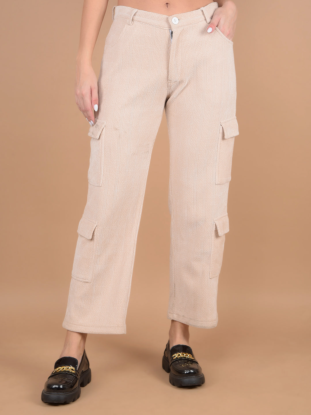 Beige Self-Design Cargo Trousers-Women Trousers-Crimsoune Club
