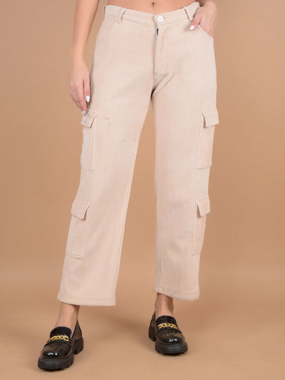 Beige Self-Design Cargo Trousers-Women Trousers-Crimsoune Club