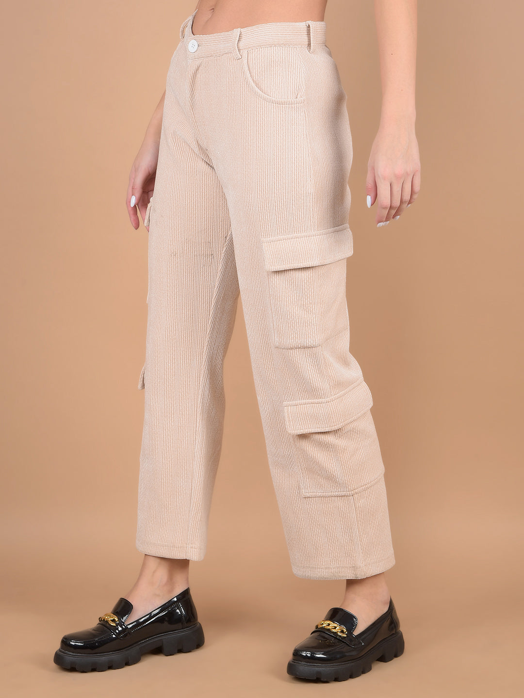 Beige Self-Design Cargo Trousers-Women Trousers-Crimsoune Club