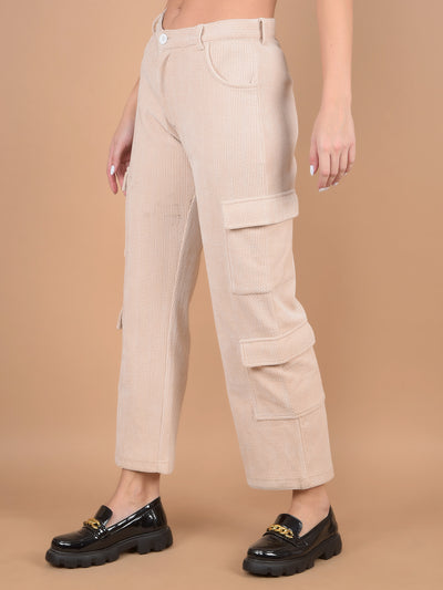 Beige Self-Design Cargo Trousers-Women Trousers-Crimsoune Club