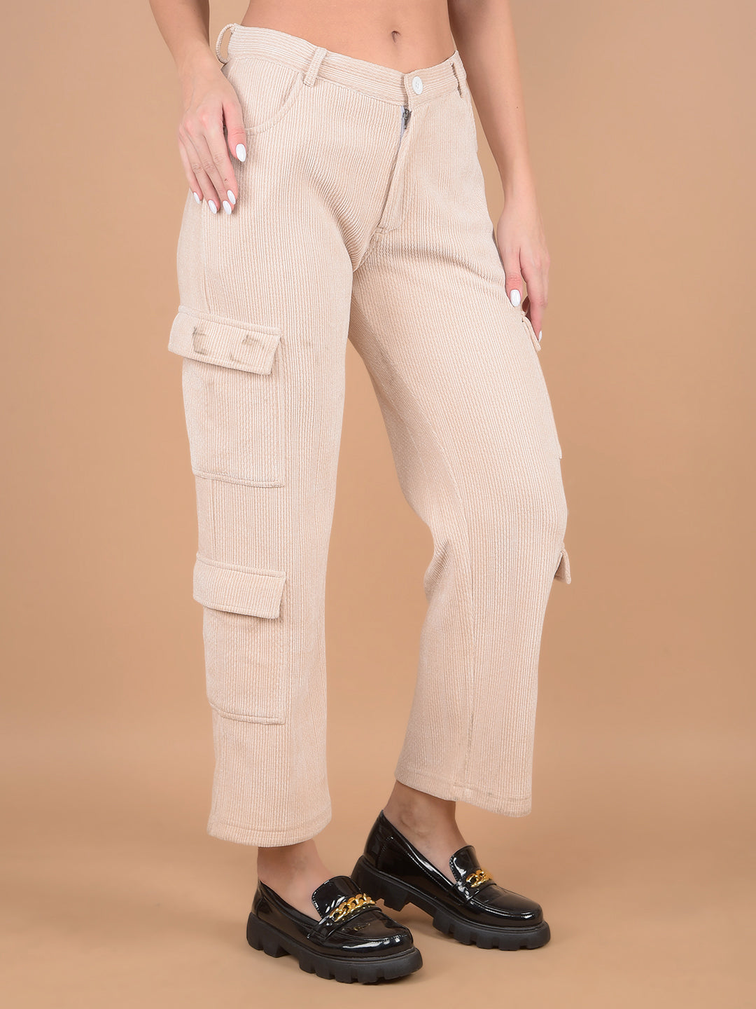 Beige Self-Design Cargo Trousers-Women Trousers-Crimsoune Club