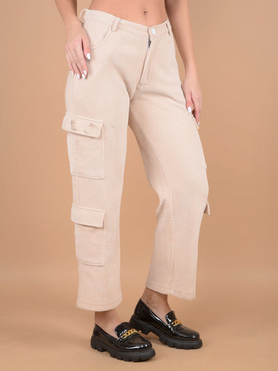 Beige Self-Design Cargo Trousers-Women Trousers-Crimsoune Club