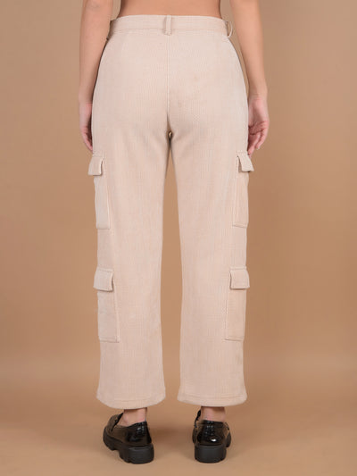 Beige Self-Design Cargo Trousers-Women Trousers-Crimsoune Club