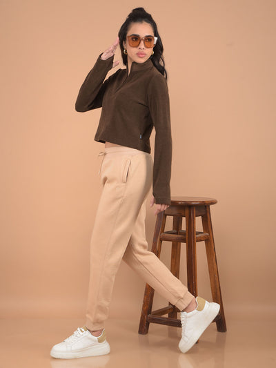 Brown High Neck Knitted Crop Top-Women Tops-Crimsoune Club