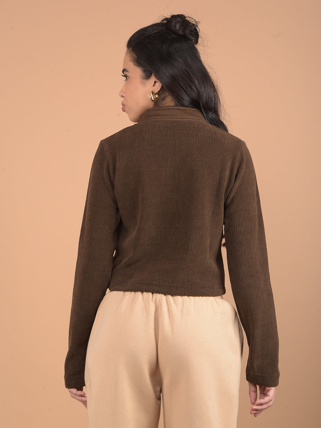 Brown High Neck Knitted Crop Top-Women Tops-Crimsoune Club
