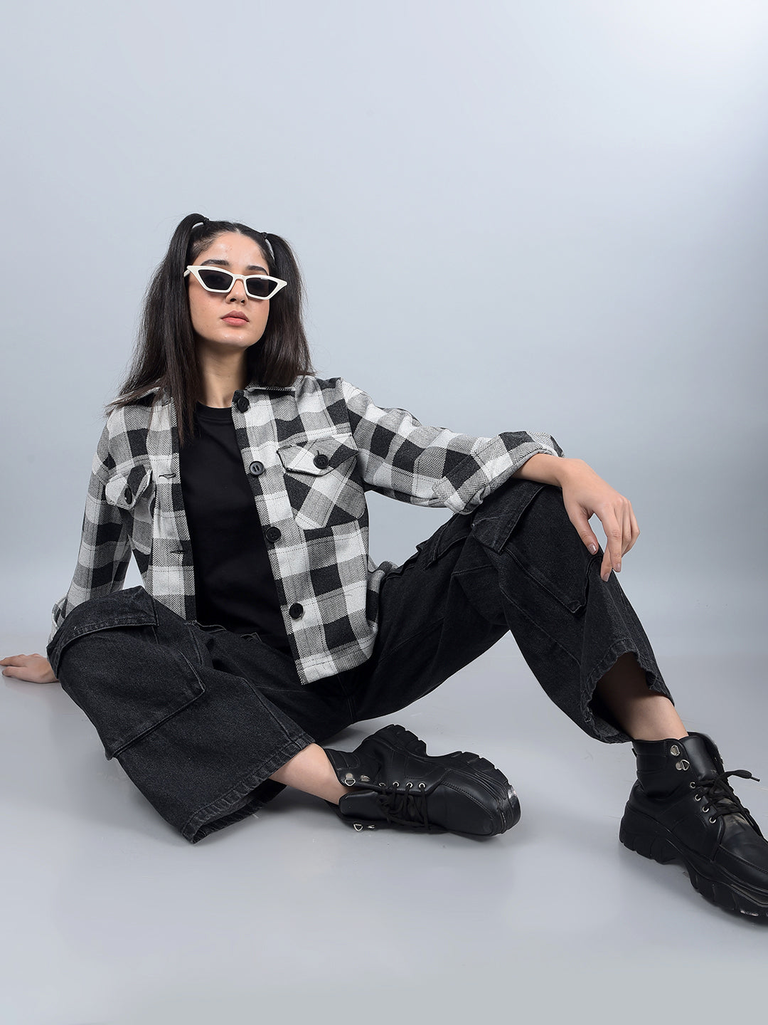 Black Checked Shacket-Women Shackets-Crimsoune Club