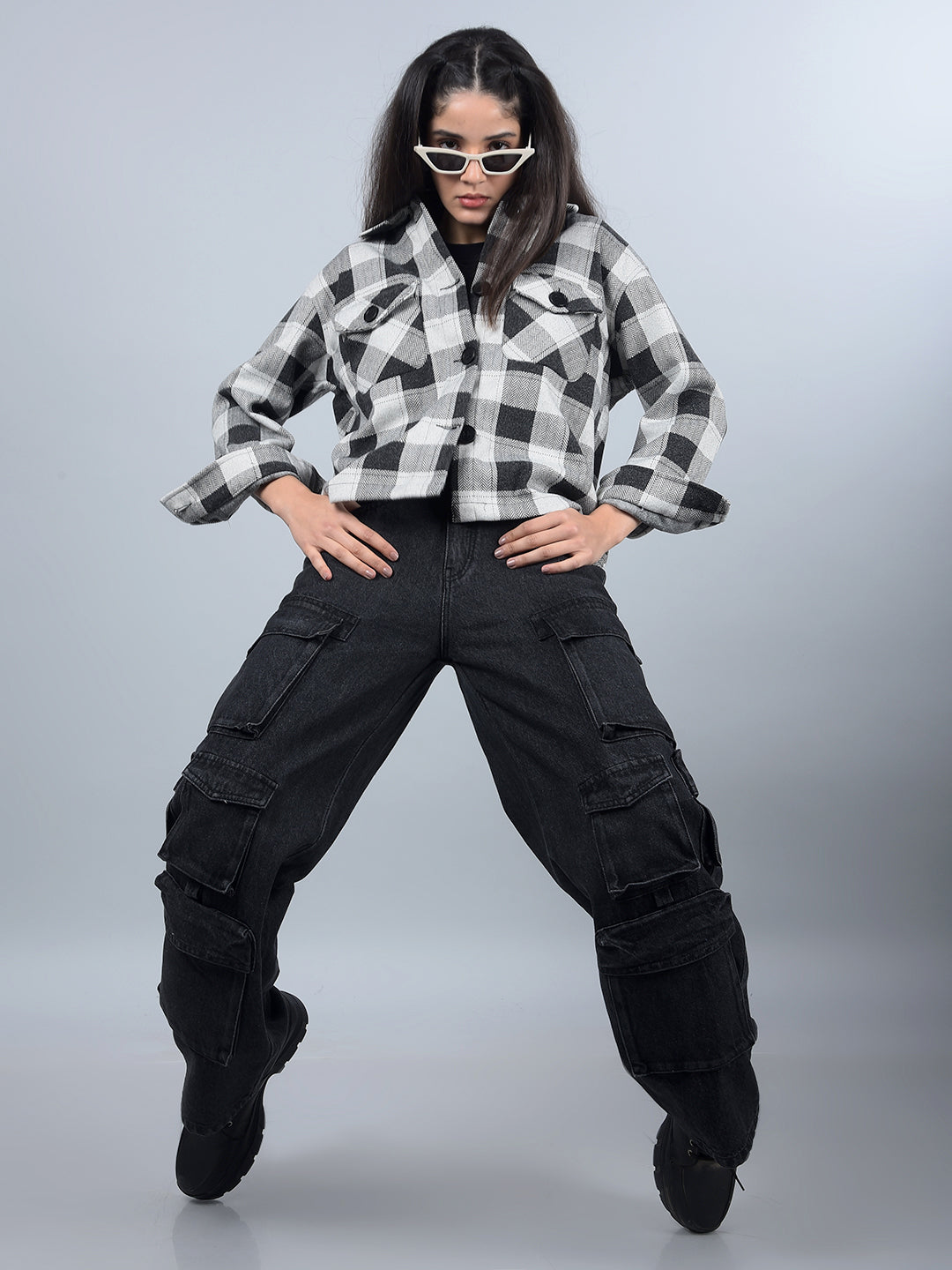 Black Checked Shacket-Women Shackets-Crimsoune Club