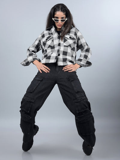 Black Checked Shacket-Women Shackets-Crimsoune Club