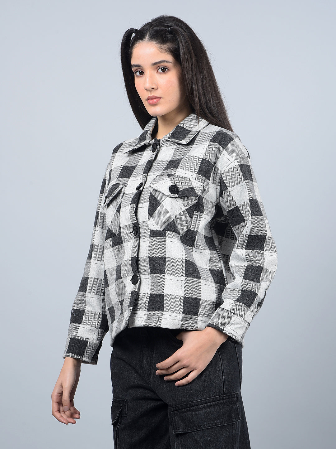 Black Checked Shacket-Women Shackets-Crimsoune Club