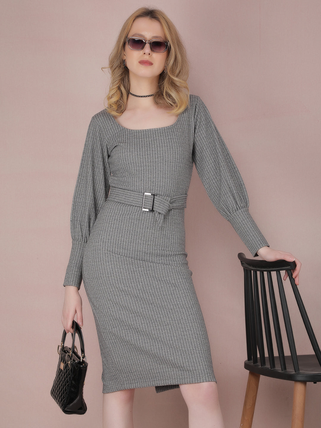 Black Jacquard Knee Length Bodycon Knitted Dress-Women Dresses-Crimsoune Club