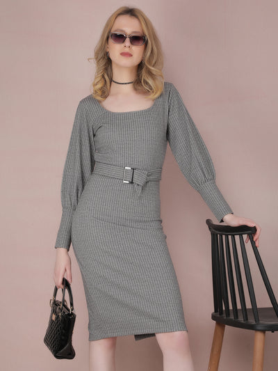 Black Jacquard Knee Length Bodycon Knitted Dress-Women Dresses-Crimsoune Club