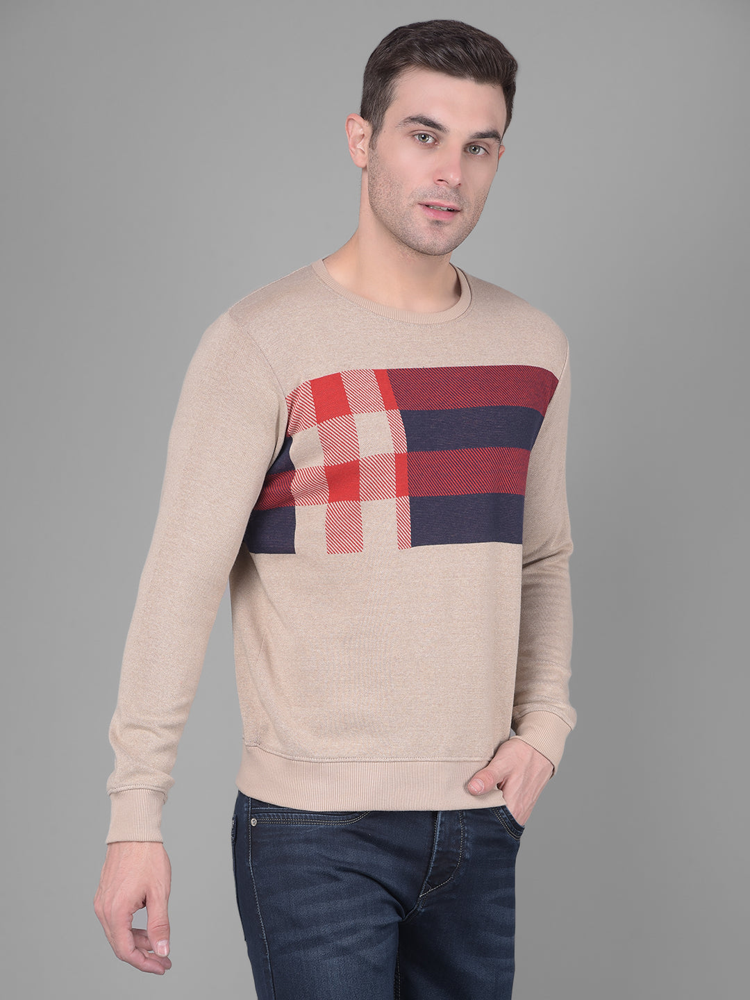 Beige Checks Sweatshirt-Men Sweatshirts-Crimsoune Club