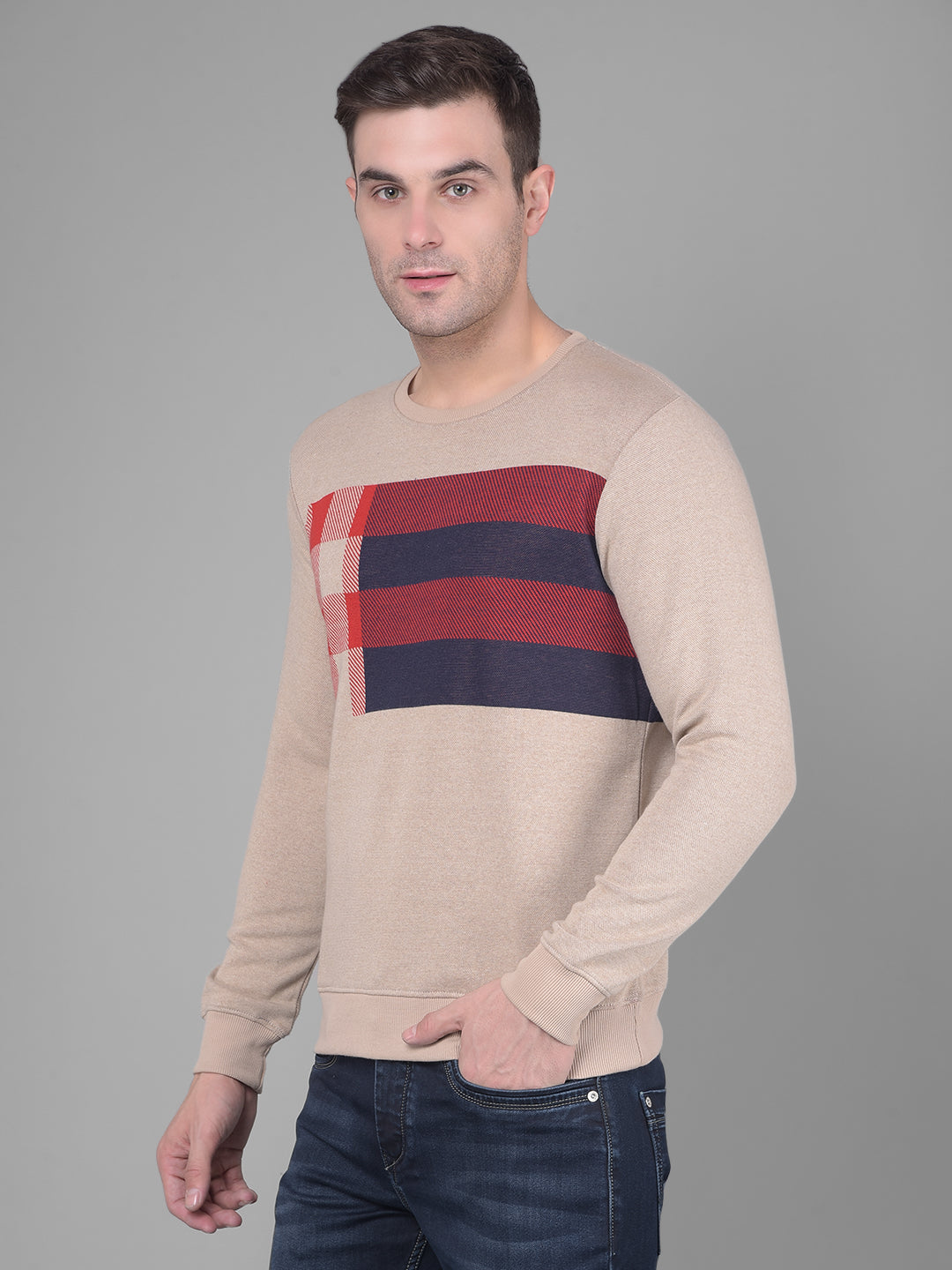 Beige Checks Sweatshirt-Men Sweatshirts-Crimsoune Club
