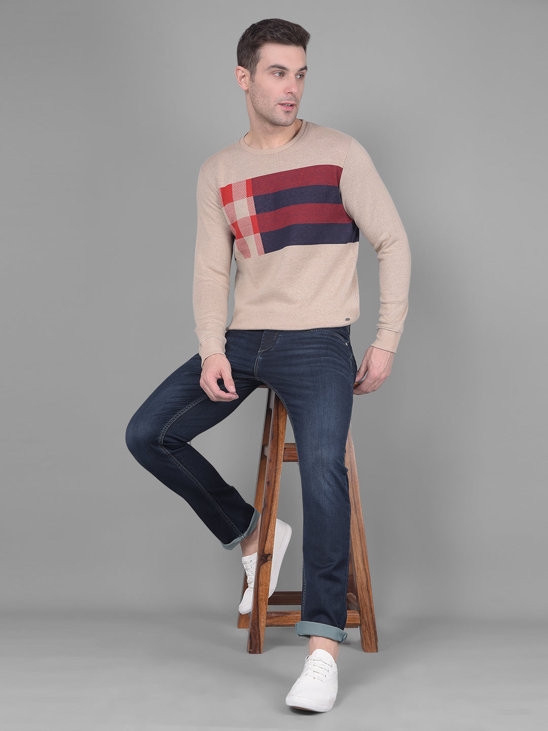 Beige Checks Sweatshirt-Men Sweatshirts-Crimsoune Club