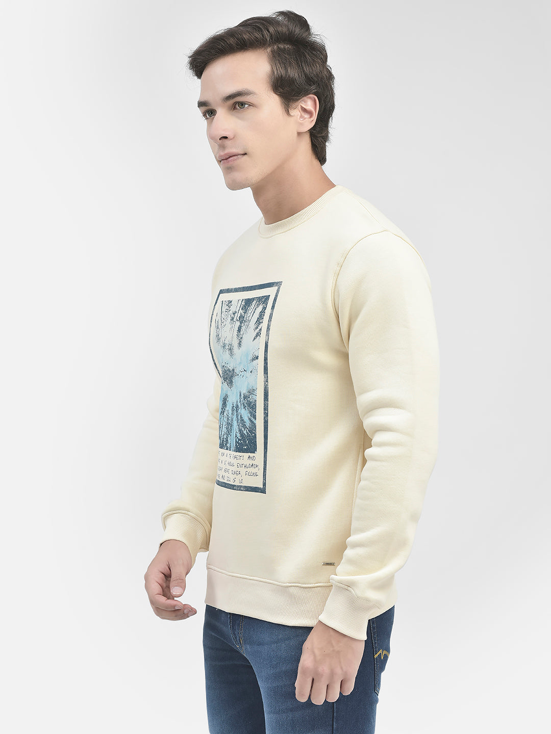 Cream Printed Round Neck Sweatshirt-Men Sweatshirts-Crimsoune Club