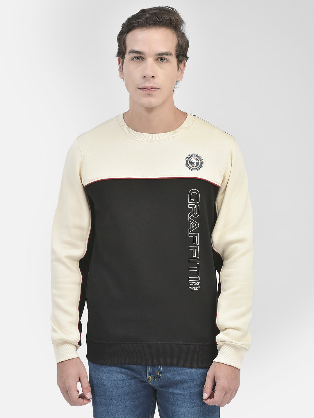 Cream Colorblocked Round Neck Sweatshirt-Men Sweatshirts-Crimsoune Club