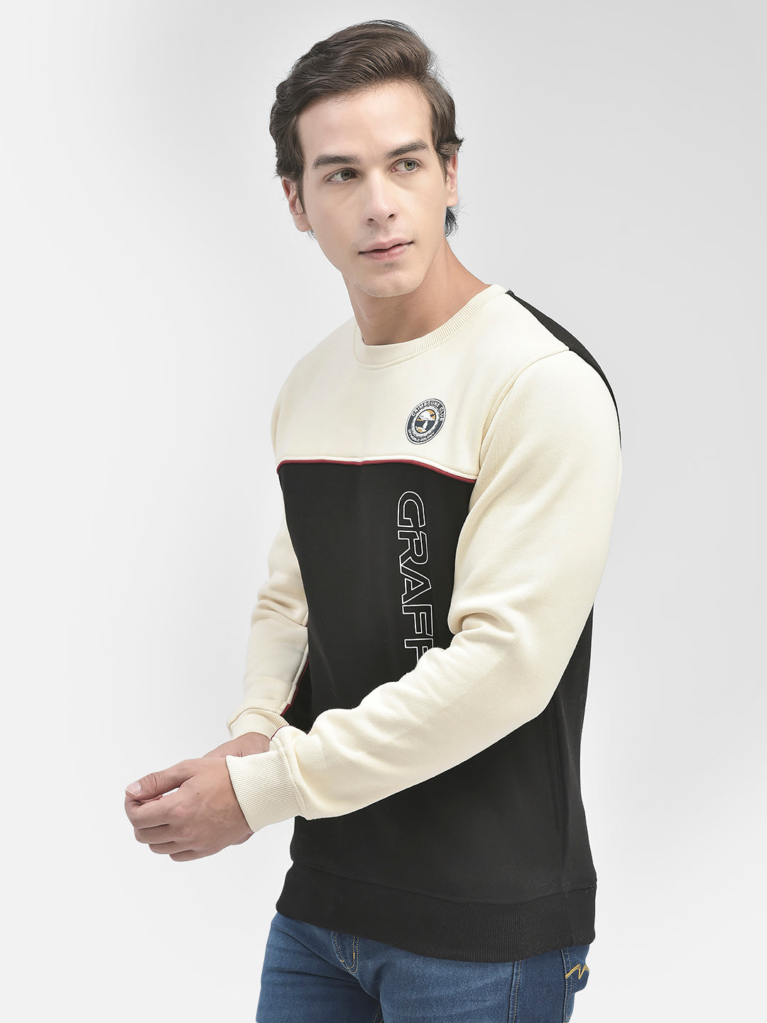 Cream Colorblocked Round Neck Sweatshirt-Men Sweatshirts-Crimsoune Club