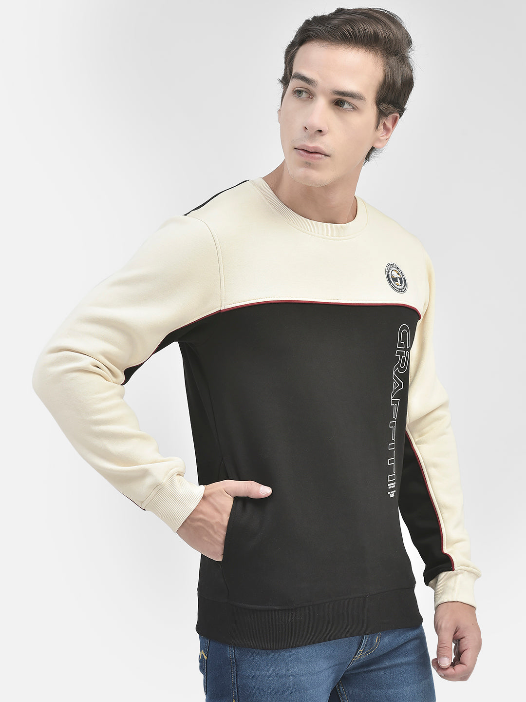 Cream Colorblocked Round Neck Sweatshirt-Men Sweatshirts-Crimsoune Club