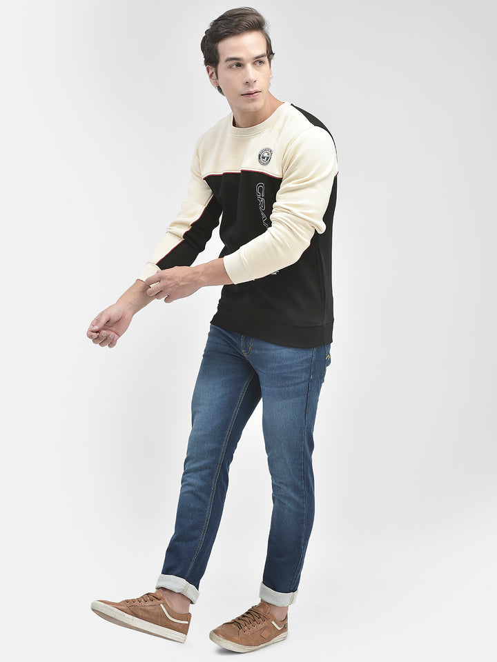Cream Colorblocked Round Neck Sweatshirt-Men Sweatshirts-Crimsoune Club