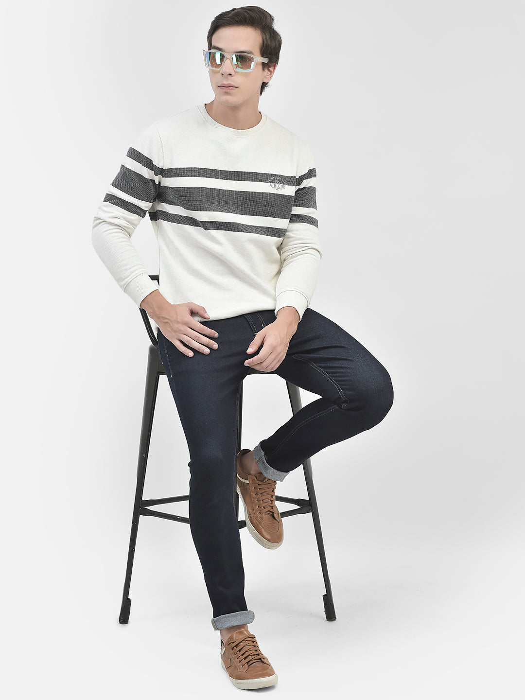 Navy Blue Striped Round Neck Sweatshirt-Men Sweatshirts-Crimsoune Club