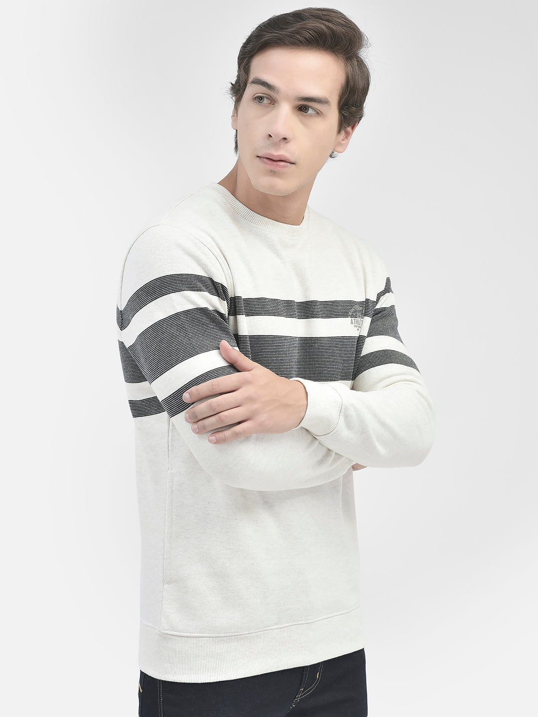 Navy Blue Striped Round Neck Sweatshirt-Men Sweatshirts-Crimsoune Club