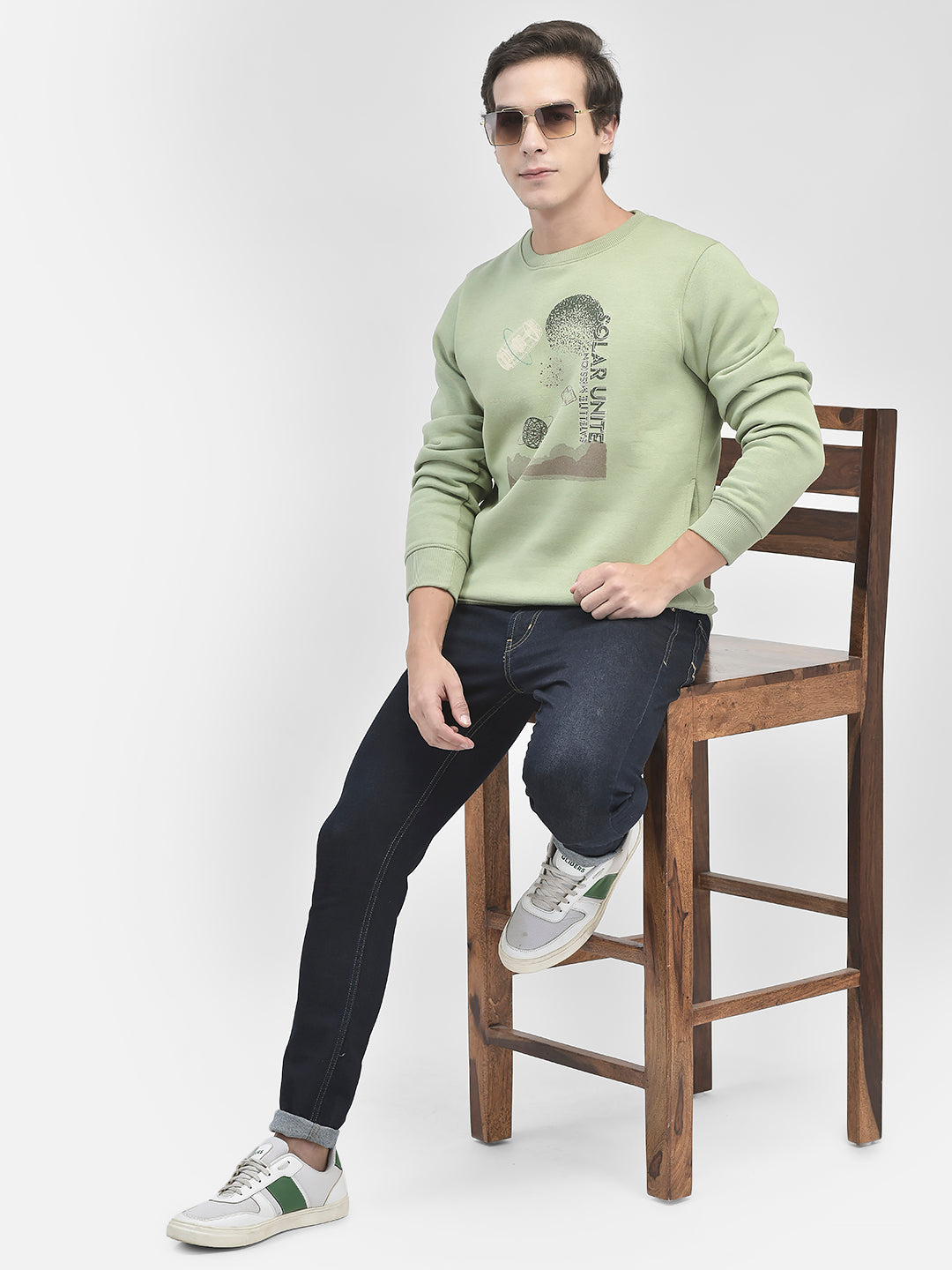 Olive Printed Round Neck Sweatshirt-Men Sweatshirts-Crimsoune Club