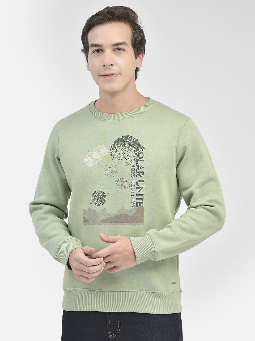 Olive Printed Round Neck Sweatshirt-Men Sweatshirts-Crimsoune Club