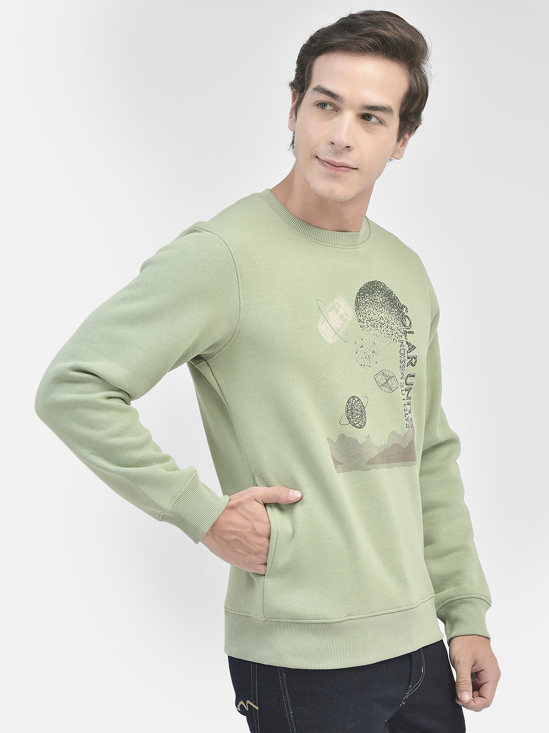 Olive Printed Round Neck Sweatshirt-Men Sweatshirts-Crimsoune Club