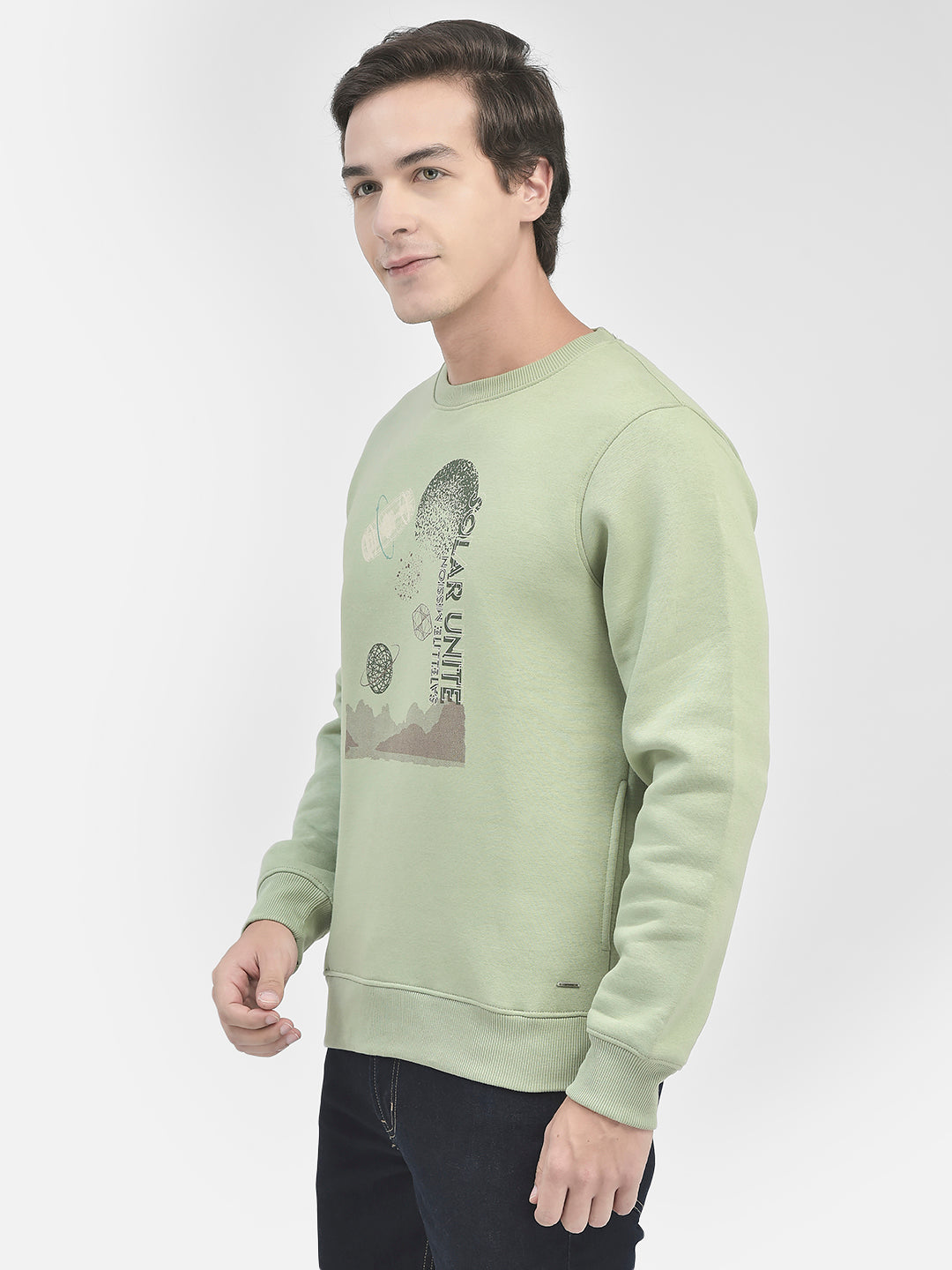 Olive Printed Round Neck Sweatshirt-Men Sweatshirts-Crimsoune Club