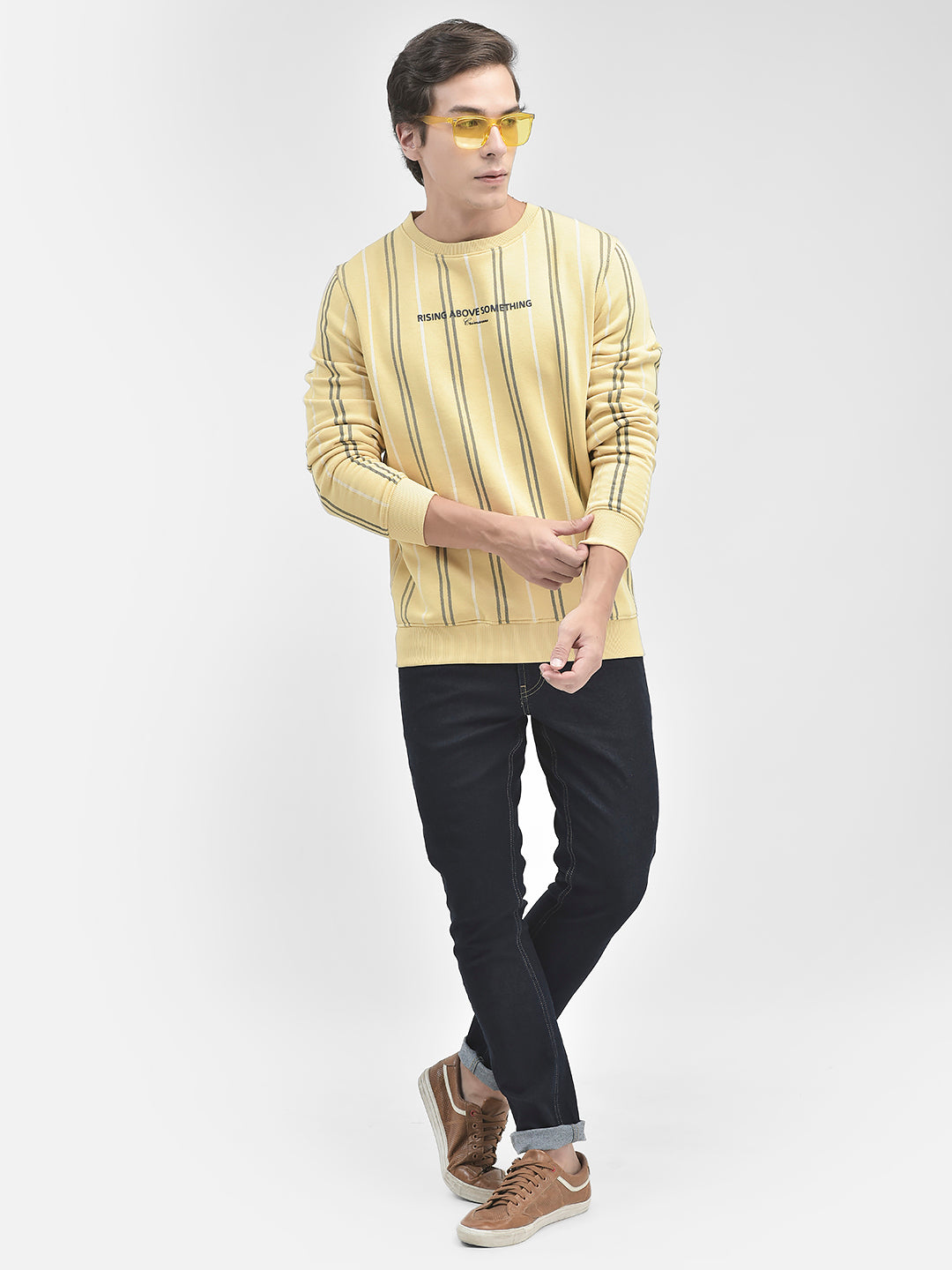 Yellow Striped Round Neck Sweatshirt-Men Sweatshirts-Crimsoune Club