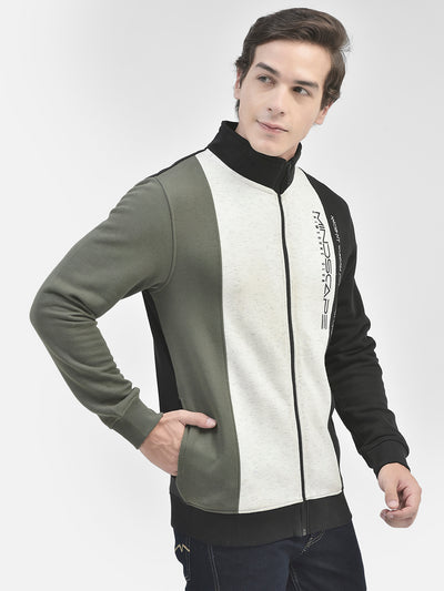 Olive Colorblocked Front Open Sweatshirt-Men Sweatshirts-Crimsoune Club