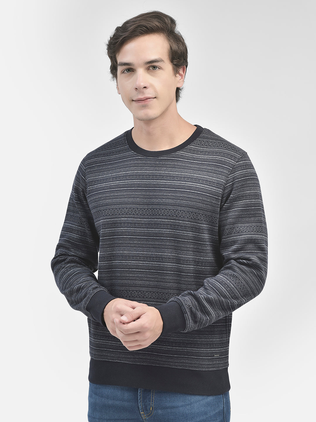 Navy Blue Striped Round Neck Sweatshirt-Men Sweatshirts-Crimsoune Club