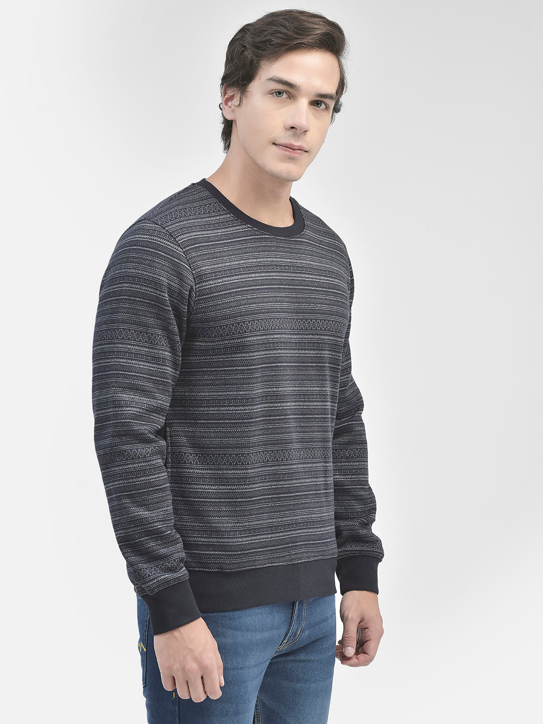 Navy Blue Striped Round Neck Sweatshirt-Men Sweatshirts-Crimsoune Club