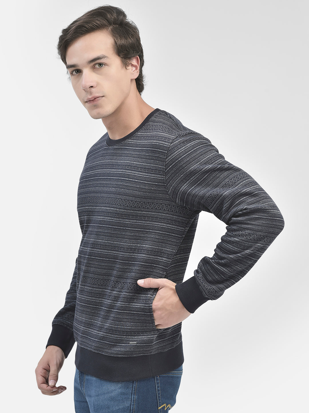 Navy Blue Striped Round Neck Sweatshirt-Men Sweatshirts-Crimsoune Club