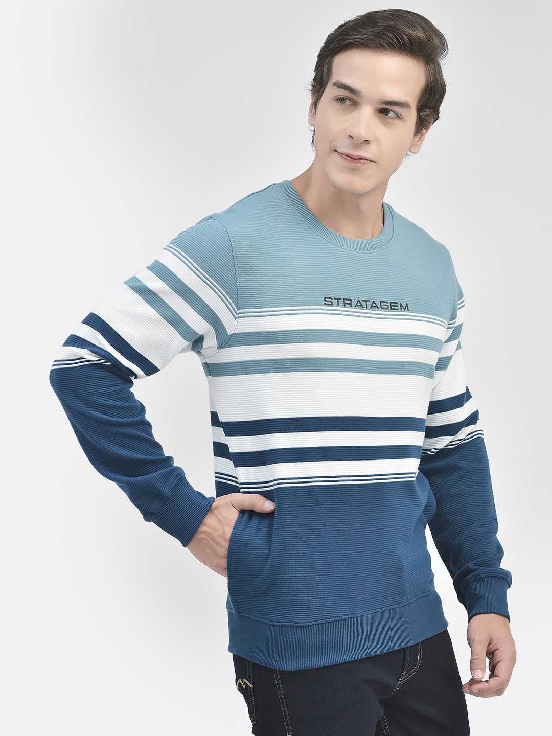 Blue Striped Round Neck Sweatshirt-Men Sweatshirts-Crimsoune Club