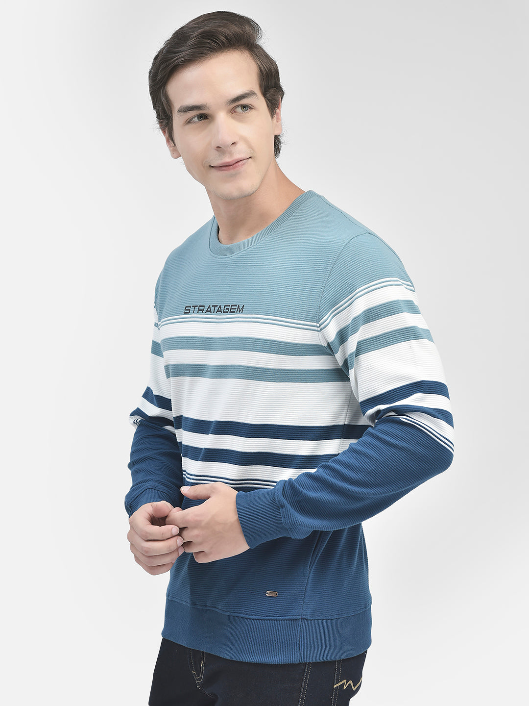 Blue Striped Round Neck Sweatshirt-Men Sweatshirts-Crimsoune Club