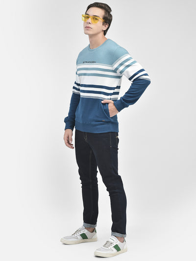 Blue Striped Round Neck Sweatshirt-Men Sweatshirts-Crimsoune Club