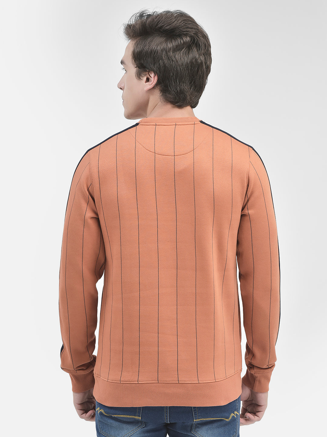 Rust Striped Round Neck Sweatshirt-Men Sweatshirts-Crimsoune Club