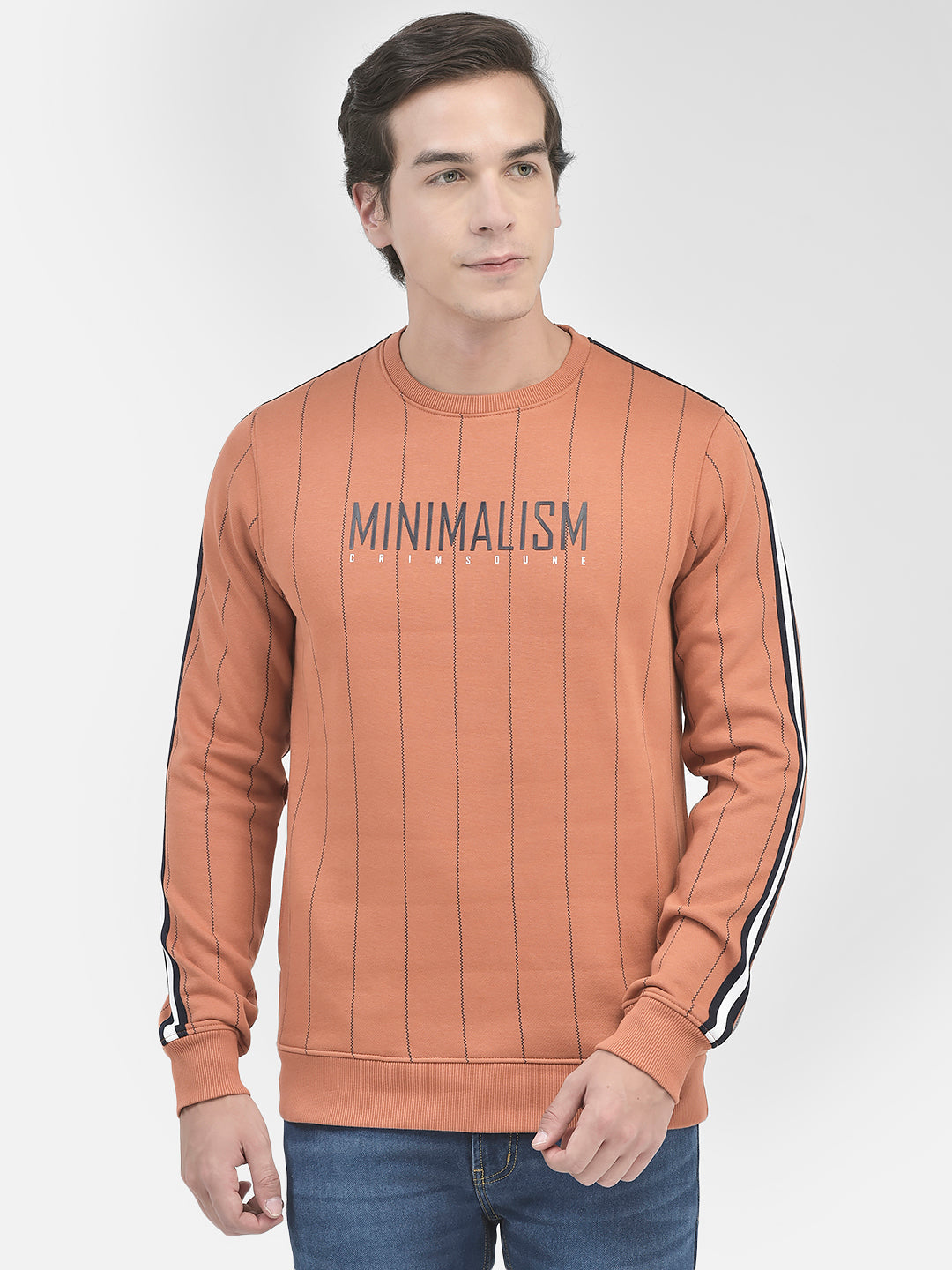 Rust Striped Round Neck Sweatshirt-Men Sweatshirts-Crimsoune Club