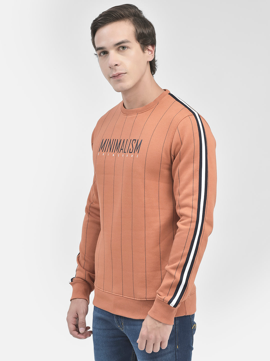 Rust Striped Round Neck Sweatshirt-Men Sweatshirts-Crimsoune Club