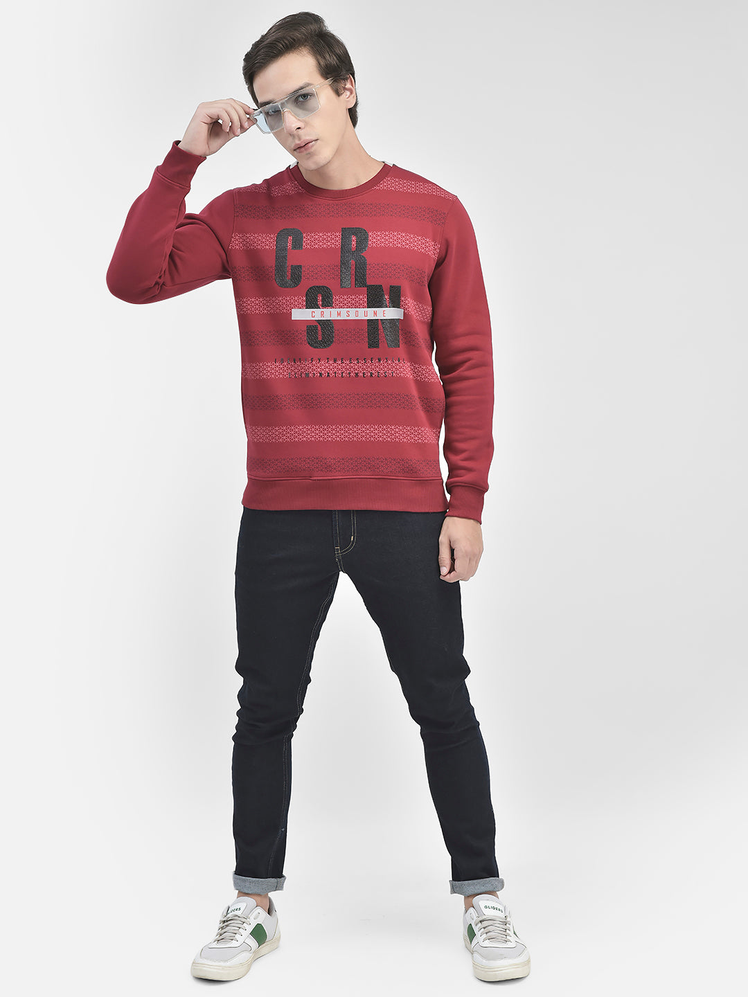 Maroon Printed Round Neck Sweatshirt-Men Sweatshirts-Crimsoune Club