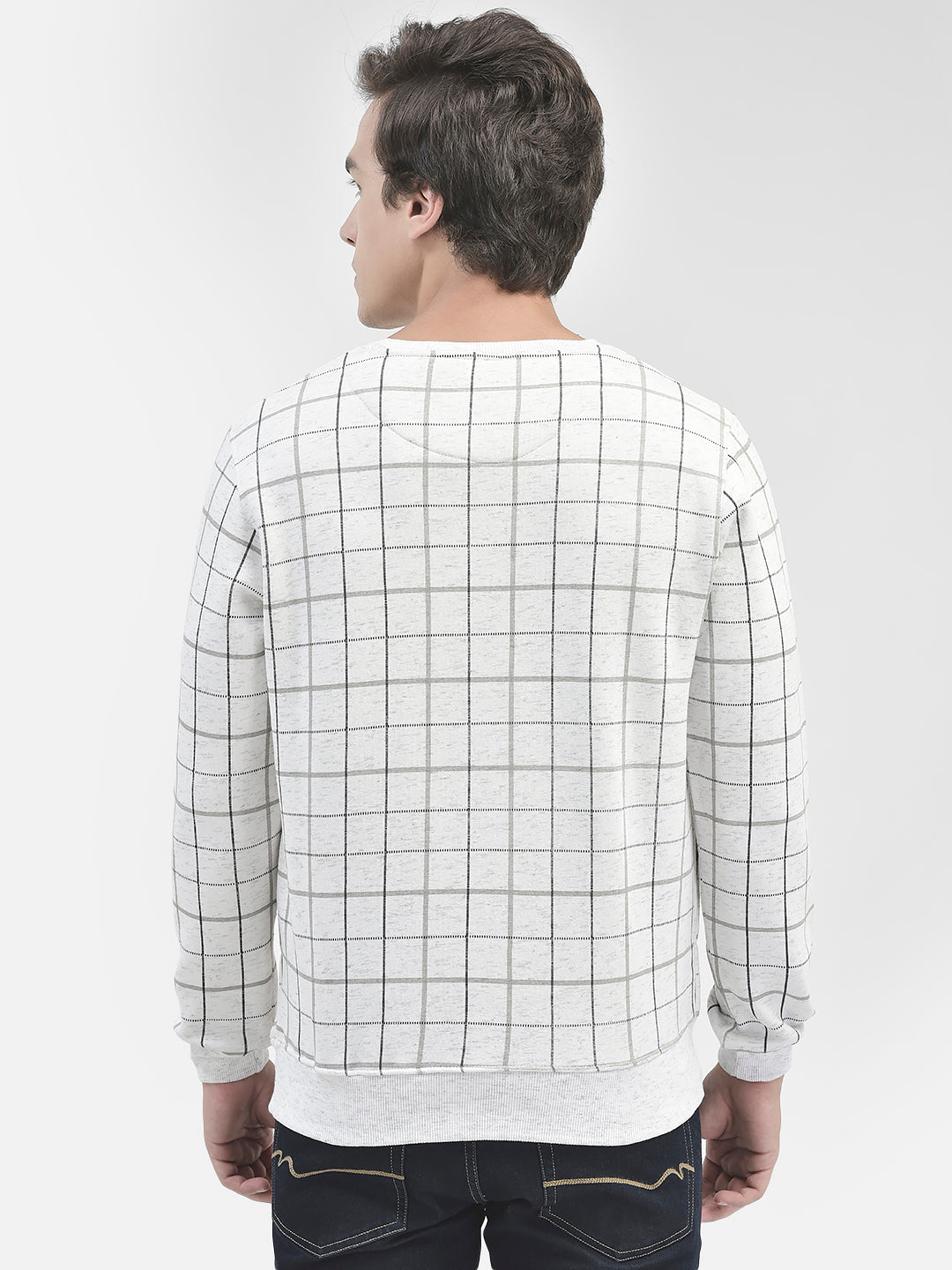 White Checked Round Neck Sweatshirt-Men Sweatshirts-Crimsoune Club