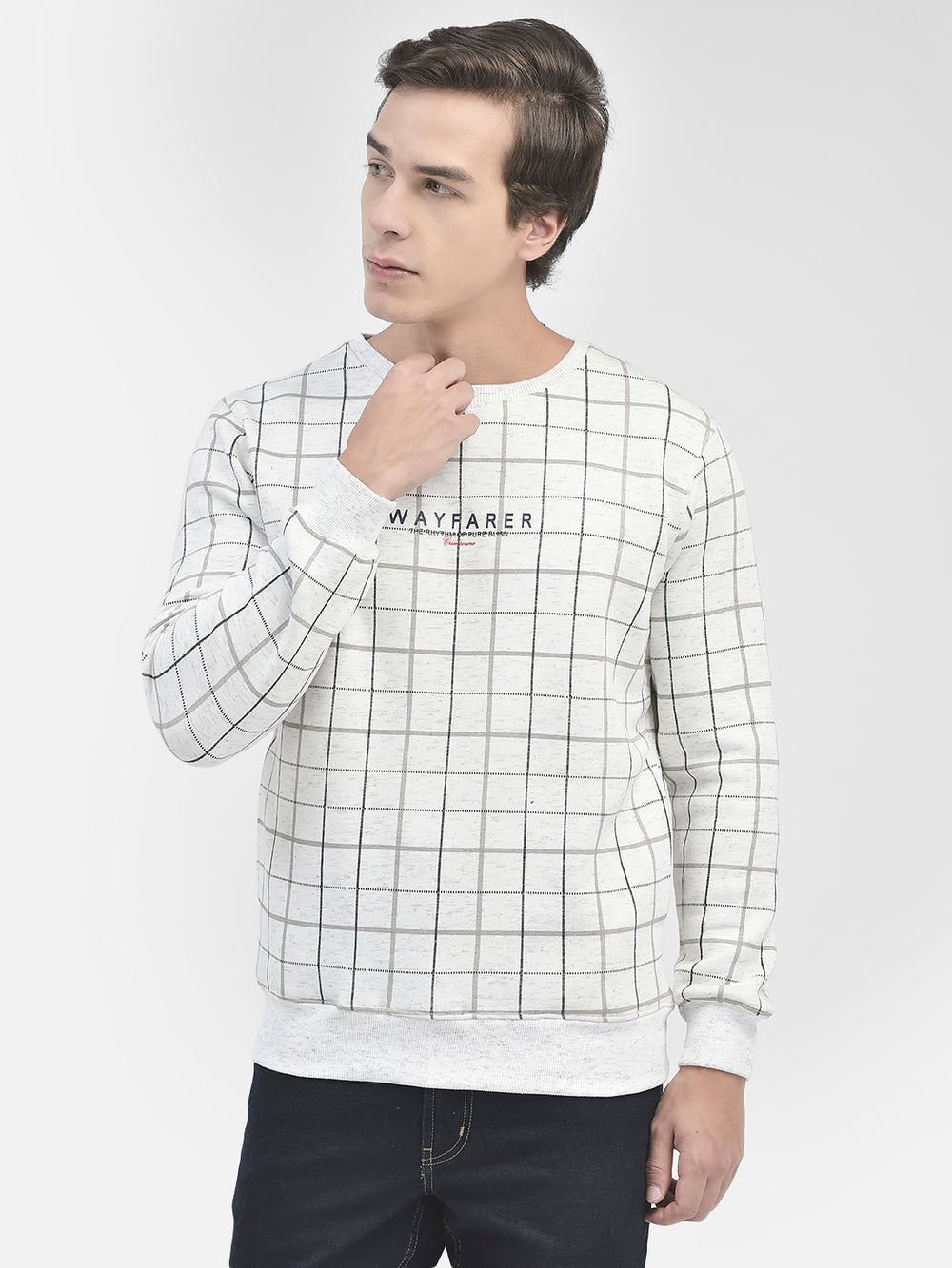 White Checked Round Neck Sweatshirt-Men Sweatshirts-Crimsoune Club