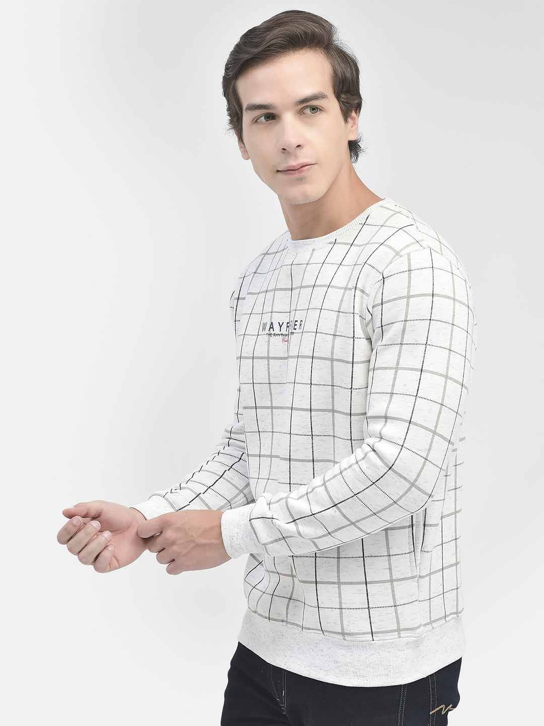 White Checked Round Neck Sweatshirt-Men Sweatshirts-Crimsoune Club