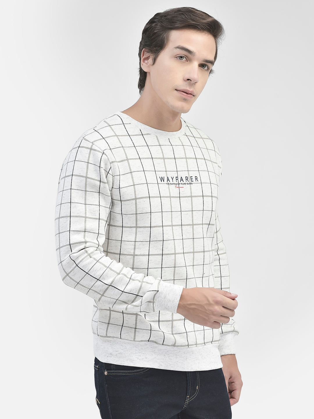 White Checked Round Neck Sweatshirt-Men Sweatshirts-Crimsoune Club