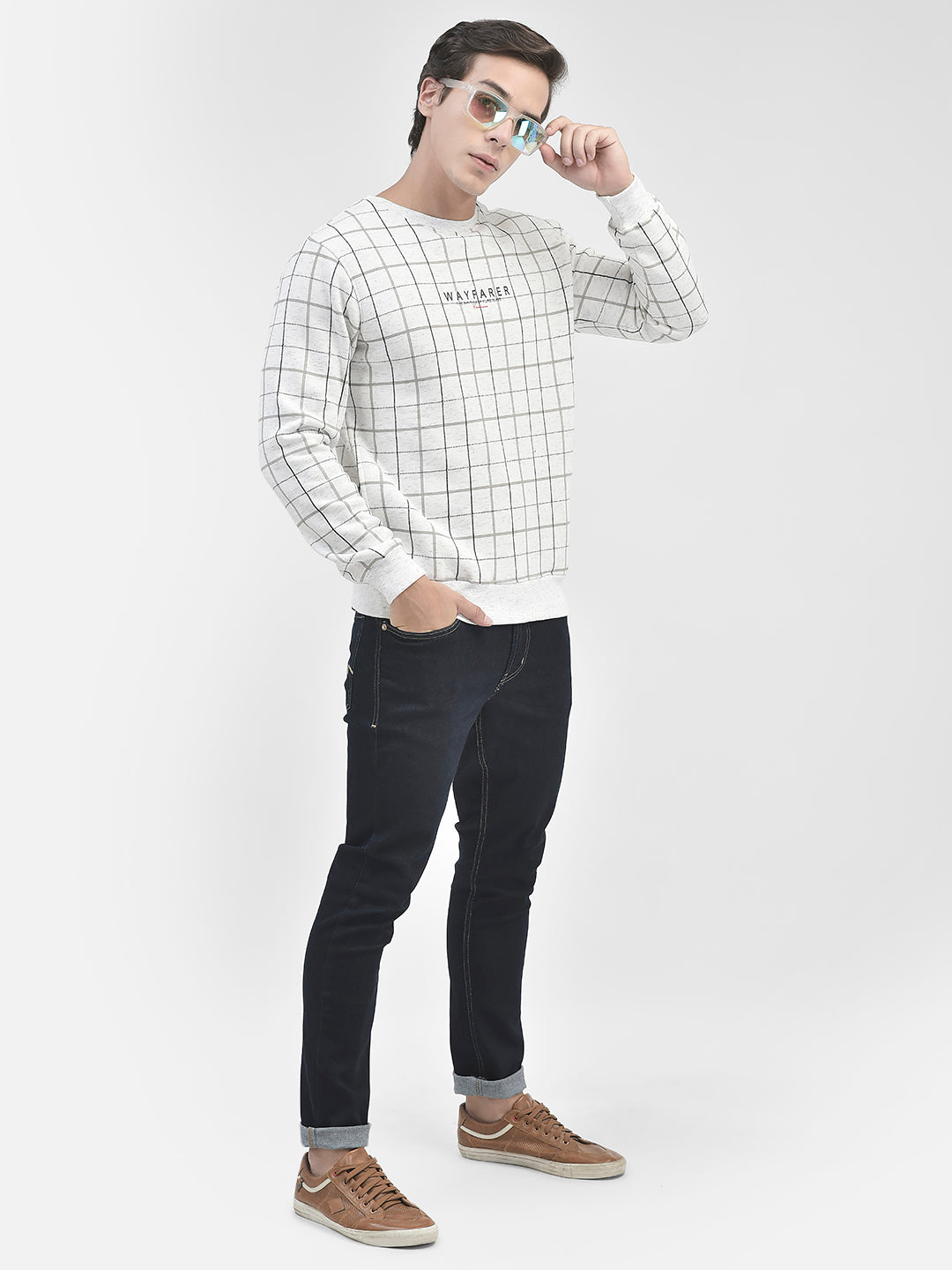 White Checked Round Neck Sweatshirt-Men Sweatshirts-Crimsoune Club
