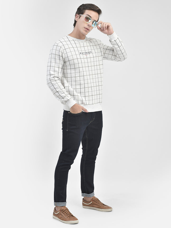 White Checked Round Neck Sweatshirt-Men Sweatshirts-Crimsoune Club