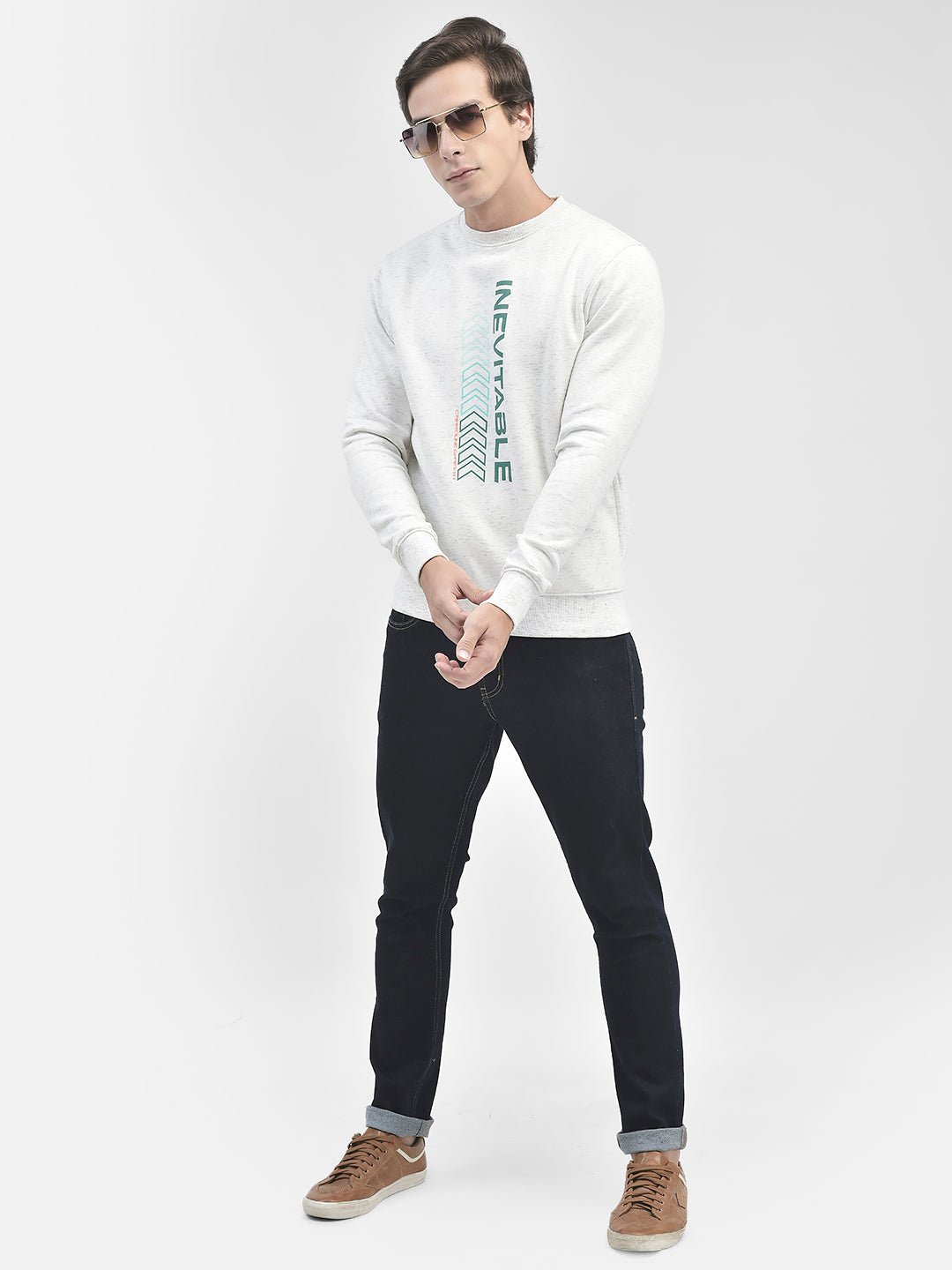 White Printed Round Neck Sweatshirt-Men Sweatshirts-Crimsoune Club