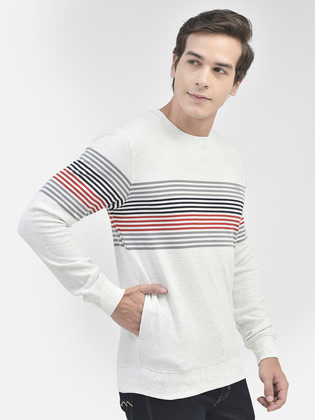 White Striped Round Neck Sweatshirt-Men Sweatshirts-Crimsoune Club