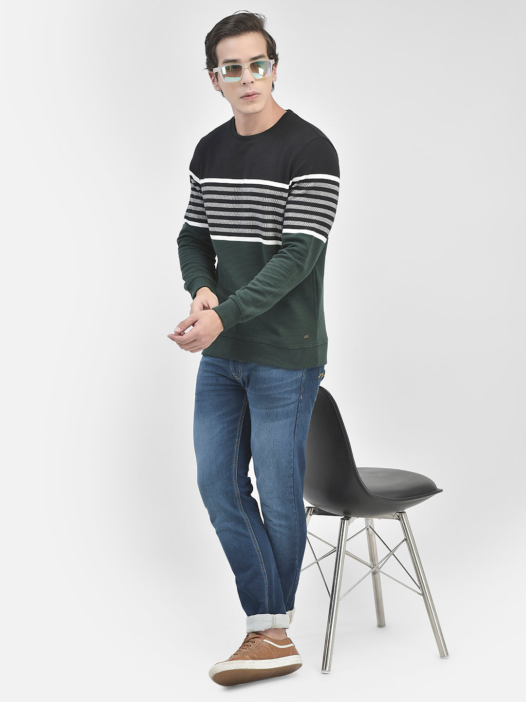 Black Striped Round Neck Sweatshirt-Men Sweatshirts-Crimsoune Club